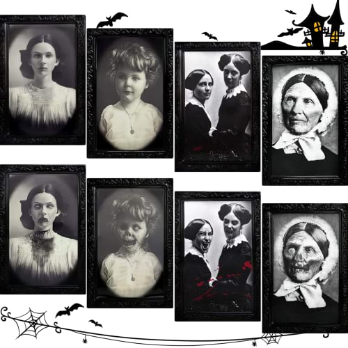 chimoo Halloween Wanddeko, 4 Stück Gruselig Wandporträts, 3D Lentikular Magic Hologramm Spiegel für Bar & Party (38cm x 25cm)