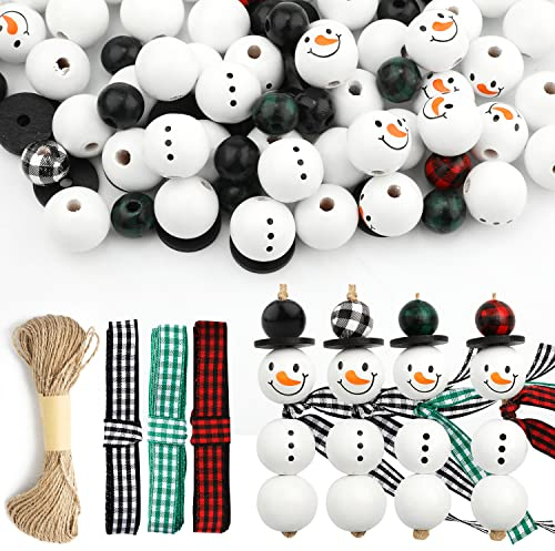 KINBOM 180 Stück Holzperlen mit gesicht, Weihnachtsdeko Holz Weihnachts perlen Deko Weihnachten Schneemann bastelset Weihnachten Girlande mit DIY Schnur Schal zum Basteln Girlanden Party Dekor