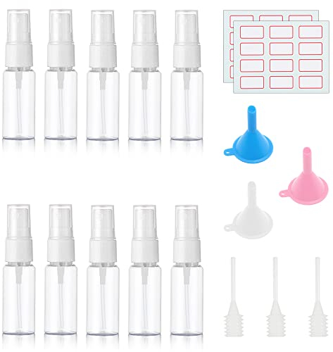 Keboyoe 10 PCS 20ml Pulverizadora Transparente Mini Botella de Spray Niebla Fina Atomizador Vacías Plástico Botella de Spray Con 3 Embudos,3 Pipetas y 24 Etiquetas Para Cosméticos,Alcohol,Agua