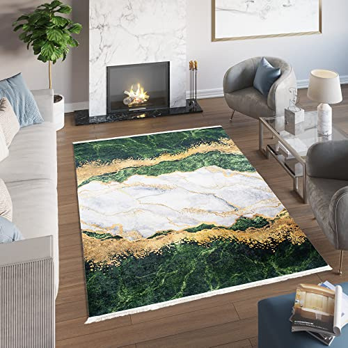 TAPISO Toscana Teppich Bedruckt Grün Grau Fransen Marmor 120 x 170 cm | Waschbar Rutschfest Wohnzimmer Schlafzimmer Büro Modern Design