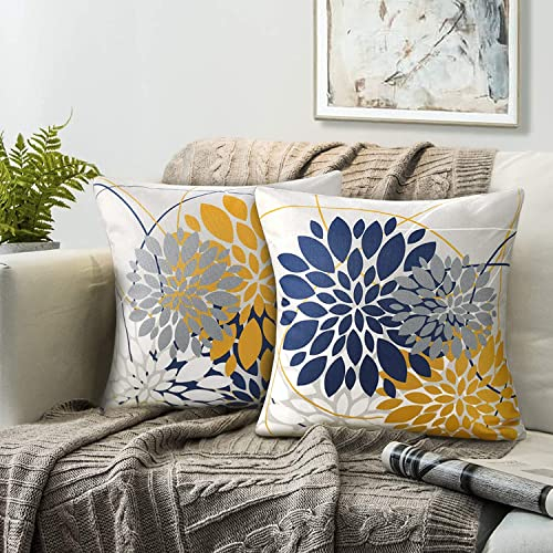 Dekor Pillow Covers 50x50 Kissenbezug Navy Blau Gelb Dekokisse Kissenhüllen Blumen Kissenhülle Elegant Leinen Abstraktgeometrisch Dahlie Kissenbezüge Passend Für Zuhause Sofa Couch Kissen,2er Set