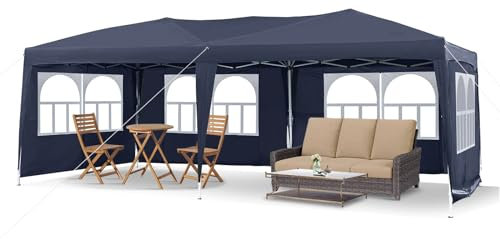 LEMROE Grande tonnelle pop-up de 3 x 6 m avec côtés - Abri de camping robuste avec chapiteau 210D imperméable pour jardin extérieur - Bleu avec parois latérales