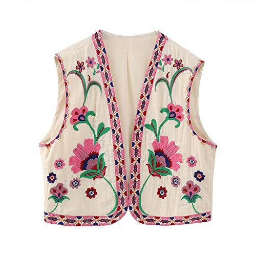 Hoomall Gilet avec Fleurs Brodées Femme sans Manche Cardigan Femme à Fleurs Court Chic et Elegant Ouvert Devant Gilet Court Vintage Eté léger Veste Décontractée Ample(Rose,S)