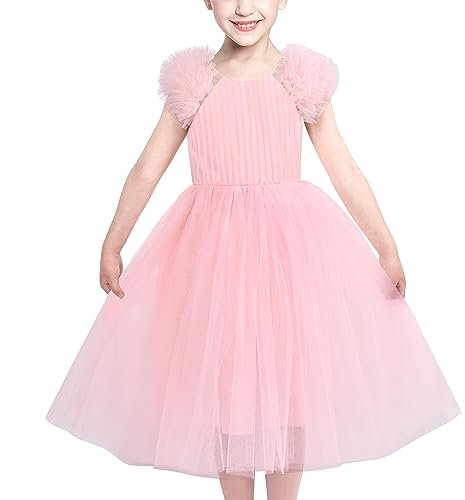 Sunny Fashion Vestito Bambina Rosa Increspatura Tulle Festa di Compleanno Elegante Formale Damigella d'Onore 8 Anni
