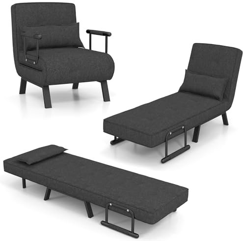 GOPLUS Sofá Cama Convertible, Sillón Reclinable 4 en 1 con Respaldo Ajustable en 6 Posiciones, Almohada Desmontable y Marco Metálico, Sofá Cama Plegable Individual Tapizada Carga 150kg (Gris Oscuro)