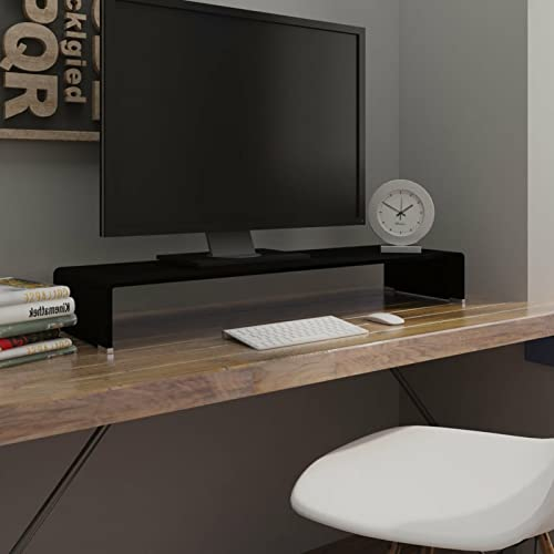 BaraSh TV Stand/Monitor Riser Glass Black 100x30x13 cm,Wood Monitor Stand Riser, Desk Monitor Stand,Ergonomic Lap Printer Stand with Cable Management for Computer, Notebook, iMac, PC
