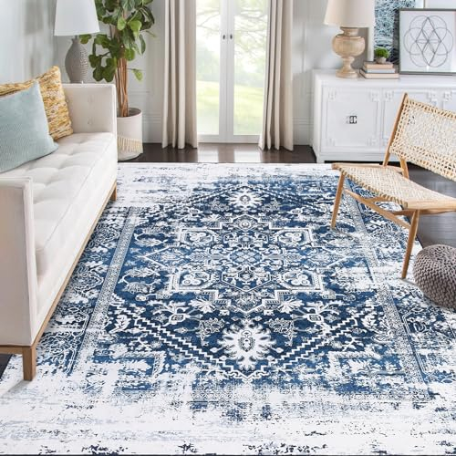 LuxFocus Großflächiger Teppich, 200 x 290 cm Maschinenwaschbar rutschfest für Schlafzimmer Nachttisch Küche Flur Wohnzimmer Waschküche Innenmatte Weicher Niedriger Flor Blumenmuster Blau