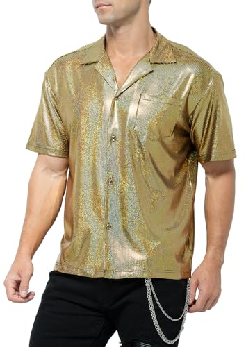 Casey Kevin Chemise Paillette Homme Tenue Disco Habillées Costume Col Pelle a Tarte T-Shirt Annee 80 Brillante Tenue de Soiree Vetement Clubwear Nuit de Fête