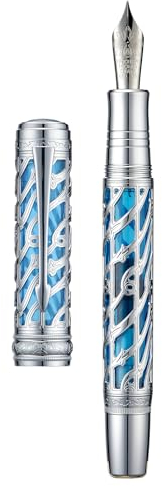 HONG DIAN Hongdian A6 Piston Fountain Pen Extra Fine Soft Nib, Silver Blue Hollow Skeleton & Resin Pen with Metal Case Set