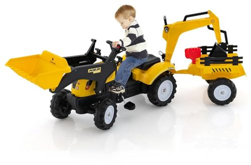 RELAX4LIFE Trattore per Bambini 3 in 1 3-6 Anni con 2 Benne Regolabile e Rimorchio Staccabile con 6 Ruote, Carico Bulldozer 35 kg (GIALLO)