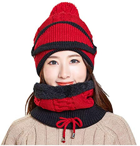chhoioia Schlafvisier-Set, Schal, Winter, dickes Gesicht, 3-teilig, Mütze, Outdoor-Schal, gestricktes Zubehör, Fahrerhaus-Visier-Lichter, rot, One size