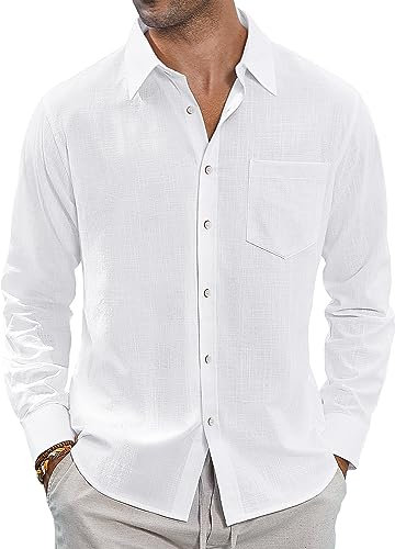 J.VER Men's White Linen Cotton Shirts Long Sleeve Regular Fit Casual Solid Lightweight Summer Beach Shirt with Pocket M