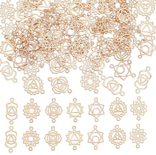 GOMAKERER 70 Stück 7 Stile Legierungs-Blumen-Verbindungsanhänger, Hellgoldene Chakra-Blumen-Charms Metall-Verbindungsanhänger, Flache Runde Charms Mit 2 Loch Für Halskette, Armband, Schmuckherstellung
