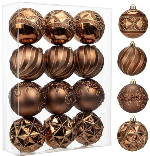 Hollyone 12PCS Christmas Baubles Xmas Ball Oranment, 80MM/3.1'' Bronze Christmas Balls for Tree Decorations, Gold-edged Xmas Hanging Ornaments with Strings for Holiday, Party, Wedding Decor