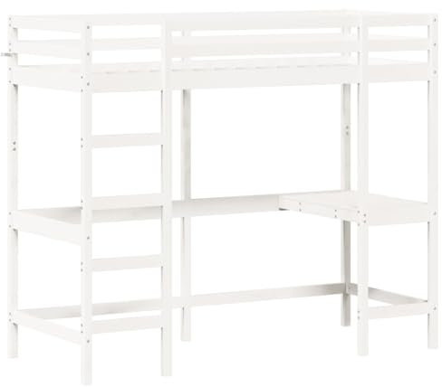vidaXL Hochbett mit Schreibtisch, Bett für Kinder ab 6 Jahren, Stockbett mit Sperrholzlatten, Etagenbett Kinderbett, Weiß 80x200cm Massivholz Kiefer