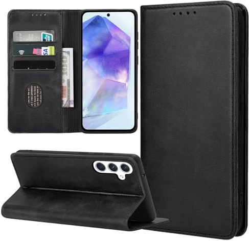 ZYIMOU Coque pour Samsung Galaxy A55 5G, Housse en Cuir PU Flip Pochette Portefeuille Étui avec Emplacement Carte Samsung A55 5G Coque Magnétique Antichoc, Noir