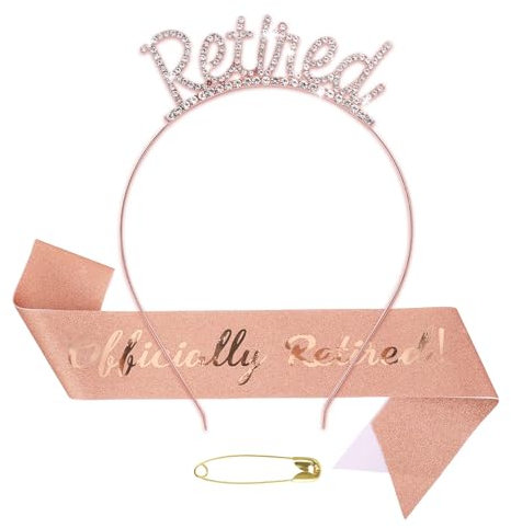 Happy Retirement Party Decorations - Officially Retired Tiara Crown Headband & Belt Set with Rose Gold Lettering