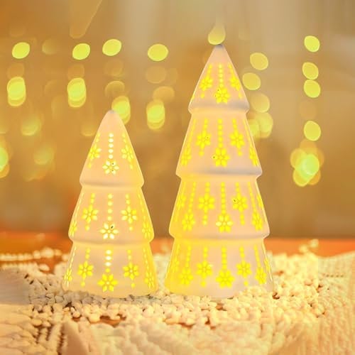 2 lanterne decorative natalizie, albero di Natale, in ceramica, colore bianco, con luce a LED, illuminazione natalizia, luce notturna, decorazione natalizia, albero di Natale (bianco)