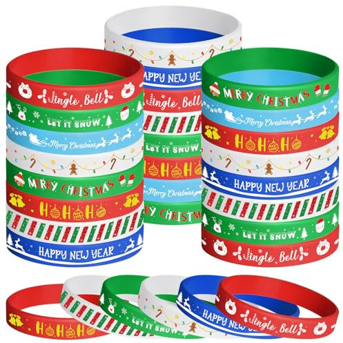 NEBURORA Lot de 48 Bracelets de Noël en Silicone - 8 Styles en Caoutchouc pour Décoration de Fête
