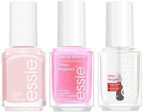 Essie Glazed Doughnut Kit: Mademoiselle Baby Pink Colour, High Shine & Coverage Nail Polish + Nail Art Studio Astral Aura Special Effects Pixel Pearl Nail Polish + Care Stay Longer Topcoat