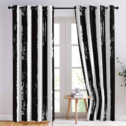 SZLYZM Schwarz Weiß Gestreift Vorhänge, Verdunklungsvorhänge mit Muster Modern, Vorhang Blickdicht mit Ösen, Gardinen für Wohnzimmer Schlafzimmer Deko 2er Set - 200x140 (H X B)