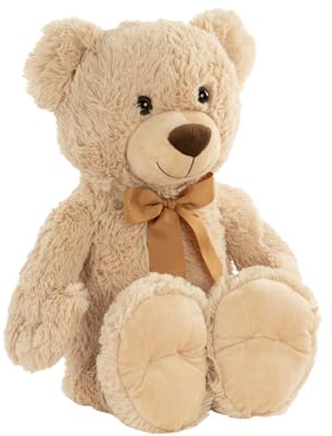 Idena 40255 - Teddybär mit kuscheligem Fell in Beige und Goldener Schleife, Kuscheltier für Babys & Kinder, ca. 38 cm
