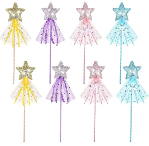 TRKETK 8 Pièces Baguettes Magiques Pailleté de Fée, Baguette Magique Princesse en Forme d'Étoile Baguettes Magiques pour Enfants 27,9 cm Baguette Étoile de Princesse de Fée Accessoires de Cosplay