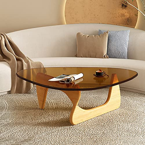 Table triangulaire avec plateau en verre – Table basse abstraite moderne du milieu du siècle avec base en bois – Petite table centrale pour salon, bureau à domicile