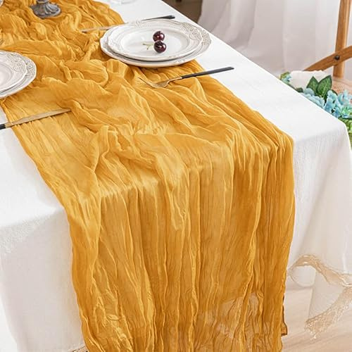 Boriad 2 Stück Mode Boho Gaze Käsetuch Tischläufer Rustikaler Durchsichtiger Läufer,Tischdecke für Hochzeit， Dekoration, Geburtstagsparty, 90 x 300 cm,Senfgelb