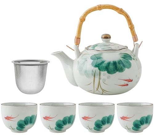 Japanese Tea Sets Tea Kettle with Removable Loose Tea Leaf Infuser Teapot and Cups Set - 1 Porcelain Teapot (22oz) with Bamboo Handle and Stainless Steel Strainer, 4 Teacups (5oz) Lotus Koi