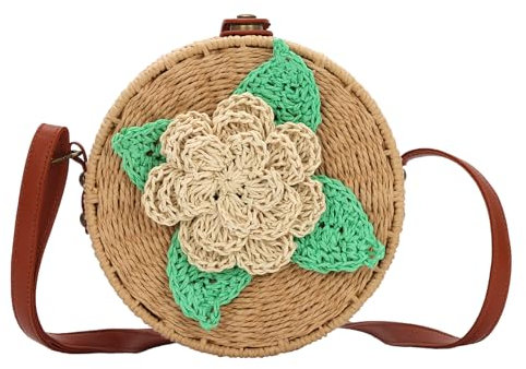 Ynport Crefreak Femmes Sac En Paille Tissé Main, Bandoulière Plage Boho Chic, Cercle Naturel, Kaki