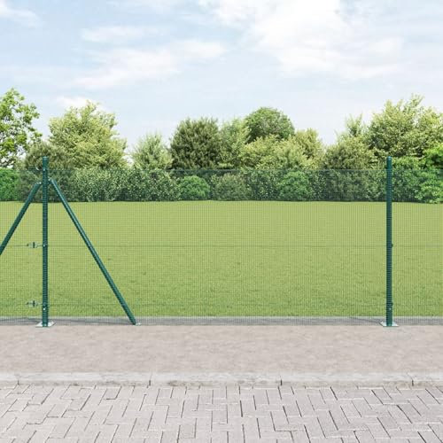 vidaXL grünes pulverbeschichtetes Stahlzaunpfosten-Set mit Drahtrolle 50 x 1 m langlebiges Metall modernes Design für Außenzauninstallationsbedürfnisse Garten Drahtplatten