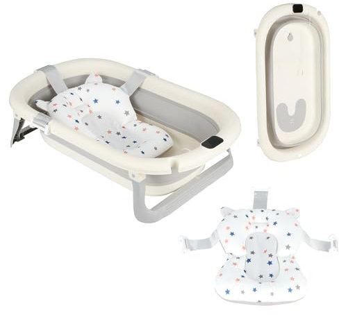 Baignoire Pliable avec Trou de Drainage Portable et Thermomètre à eau, Baignoire de Bain Autonome avec Coussin de Bain pour Enfant, Baignoires sur Pieds en Plastique PP+TPE (Gris 72 * 45 * 17 cm A)