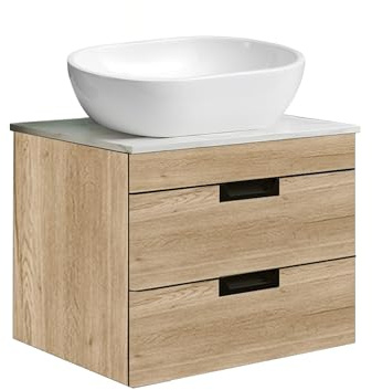 BELOFAY 600mm Wall Mounted Vanity Unit with Basin | Two Soft-Close Drawers | Modern Floating Design with Countertop Basin & White Stone Worktop | Wood Grains