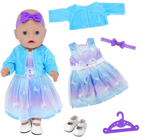 WanderGo Baby Puppen Puppenkleidung 35-43 cm, 5-teiliges Outfit mit Kleider, Jacken, Schuhe, Haarband, Kleiderbügel Traumhafter Stil Babypuppe Kleidung für 14-18 Zoll Puppen(Ohne Puppe)