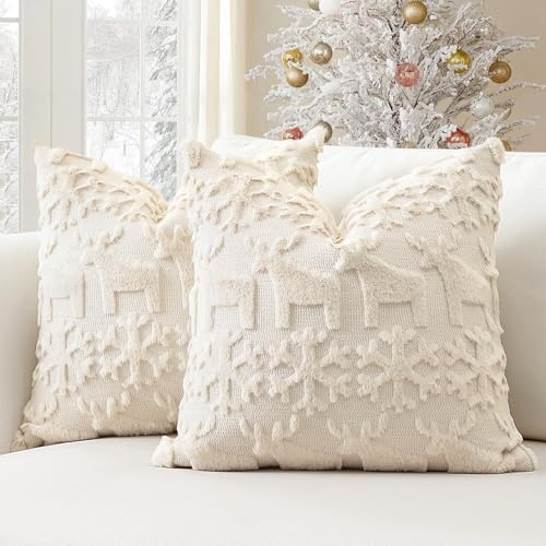 Artscope 2er Set Wolle Kissenbezüge Weicher Plüsch Kurzer Wollsamt Dekokissenbezuge Sofakissen Weihnachten Kissenhülle für Sofa Schlafzimmer Schneeflocken und Elch Creme Beige, 60x60cm