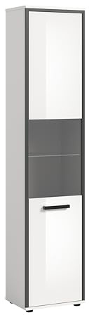 xonox.home – Hochschrank Kojak 40x188x34 cm in Weiß/Weiß Hochglanz mit anthrazitfarbenem Rahmen & grau getöntem Frontglas – Hoher Badschrank im modernen Design – elegant & geräumig