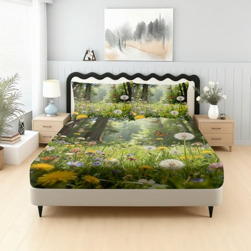 Blumenwiese Spannbettlaken Kinder Bunt Wildblumen Schmetterling 90x200cm | Spannbetttuch Natur Pflanzen Floral Bettlaken fur Boxspringbett Spannleintuch Steghöhe Bis 30 cm mit 1 Kissenbezüge