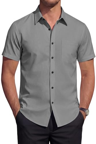HISDERN Camicia Uomo Manica Corta Elasticizzata Non Stiro Regular Fit Elegante Estiva Business Casual da Lavoro con Taschino Grigio XL