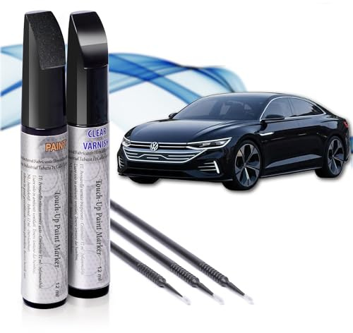 Reparador de Arañazos para Coche, Lápiz de Retoque para Automóvil, Bolígrafo Repara Arañazos, Rotulador de Reparación, 2 Piezas de Pintura de Retoque Volkswagen (LC9X Negro Perla) con Base + Laca.