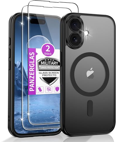 Jshru Handyhülle für iPhone 16 Plus Hülle mit 2 Stück Panzerglas Kompatibel mit Magsafe,Dünn Magnetisch Militär Stoßfest Schutzhülle Matt Case für iPhone 16 Plus,Schwarz
