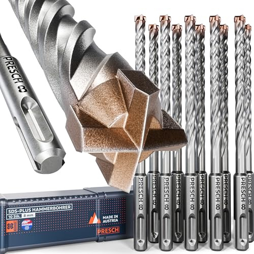 PRESCH Brocas Hormigón SDS plus 8mm (10 uds.) – Broca pared con 4 filos de carburo – Indicador de profundidad – Juego de Brocas profesional para hormigón, granito, ladrillo y mampostería