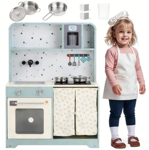 Cucina giocattolo per bambini in legno a forma di casa rosa con forno, fornello e lavello, pentole XXL per bambini dai 3 anni in su