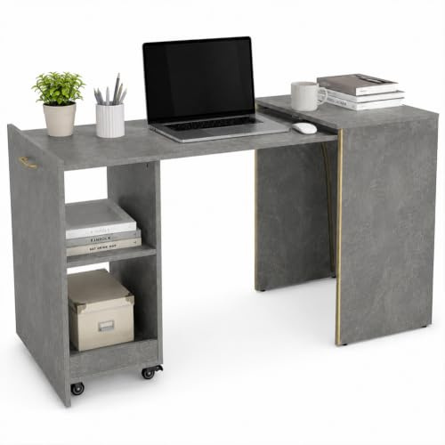 Shally Dogan Mobile con Tavolo a Scomparsa Richiudibile Multiuso, Scrivania con Libreria Design Salvaspazio e Versatile, Mobiletto Armadio da Casa, Ufficio, Chiusura Magnetica, Grigio