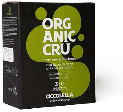 1 x 3 L - Organic Cru - Blend Coratina e Ogliarola Barese Biologico - Olio EVO - Prodotto Tipico Pugliese - Bag Box da 1 L - Ciccolella