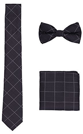WANYING Herren 6cm Schmale Krawatte & Fliege & Einstecktuch 3 in 1 Sets Einfach Schick Classic Modern - Schwarz Weiß Kariert