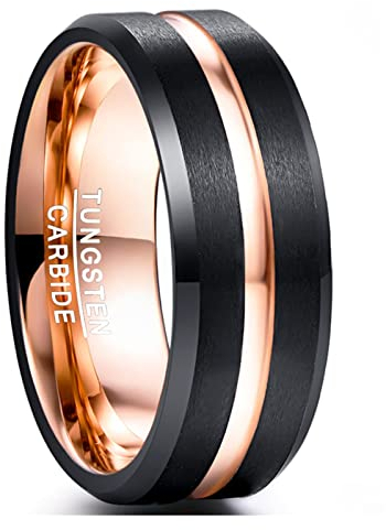 NUNCAD Ring Herren Schwarz Partnerringe Rosegold Damen Wolframring 8mm Matt Verlobungs Ringe Freundschaftsringe mit Rosegoldener Rille Größe 62