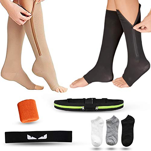 Kompressionsstrümpfe, kniehoch, offene Zehen, Reißverschluss, mit Taschengürtel, Kopftuch, Schweißband und drei Paar Socken, geeignet bei Krampfadern, Ödemen oder Sportarten im Freien, 2 Paar