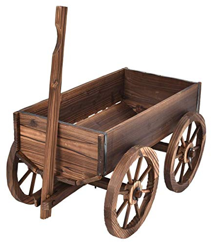 COSTWAY Brouette à Fleurs Jardinière en Bois à Roues avec Poignée Réglable et Trou de Drainage, Convient pour Ferme, Patio, Jardin, Cour