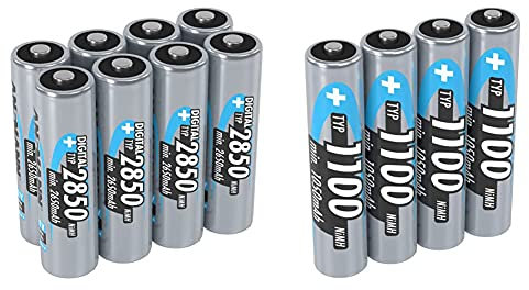 ANSMANN Akku AA Typ 2850 mAh, NiMH 1,2 V (8 Stück) & Akku AAA Typ 1100 mAh (min. 1050 mAh) NiMH 1,2 V (4 Stück) - Micro AAA Batterien wiederaufladbar, hohe Kapazität für hohen Strombedarf